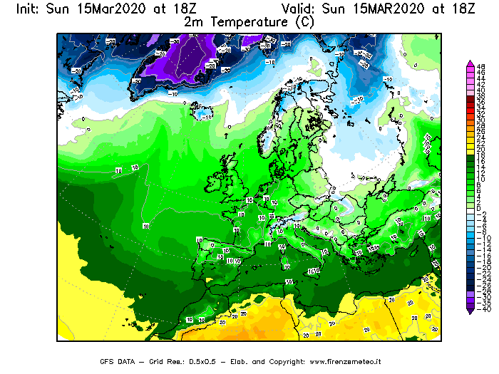 Mappa di analisi GFS - Temperatura a 2 metri dal suolo [°C] in Europa
							del 15/03/2020 18 <!--googleoff: index-->UTC<!--googleon: index-->