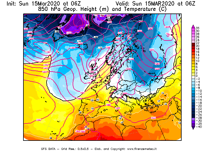 Mappa di analisi GFS - Geopotenziale [m] e Temperatura [°C] a 850 hPa in Europa
							del 15/03/2020 06 <!--googleoff: index-->UTC<!--googleon: index-->