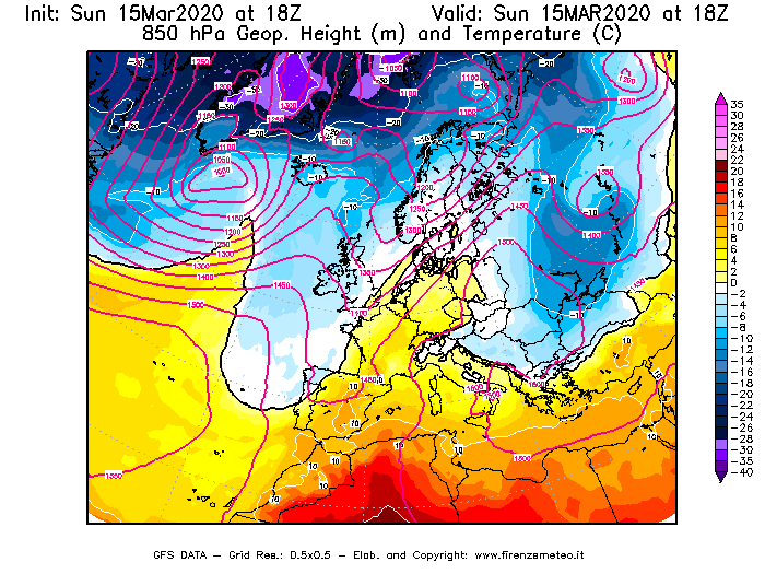 Mappa di analisi GFS - Geopotenziale [m] e Temperatura [°C] a 850 hPa in Europa
							del 15/03/2020 18 <!--googleoff: index-->UTC<!--googleon: index-->