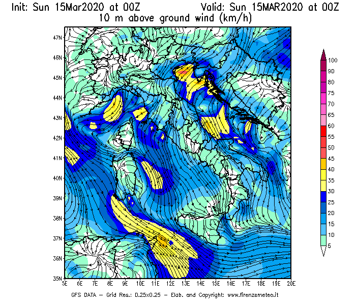 Mappa di analisi GFS - Velocità del vento a 10 metri dal suolo [km/h] in Italia
							del 15/03/2020 00 <!--googleoff: index-->UTC<!--googleon: index-->