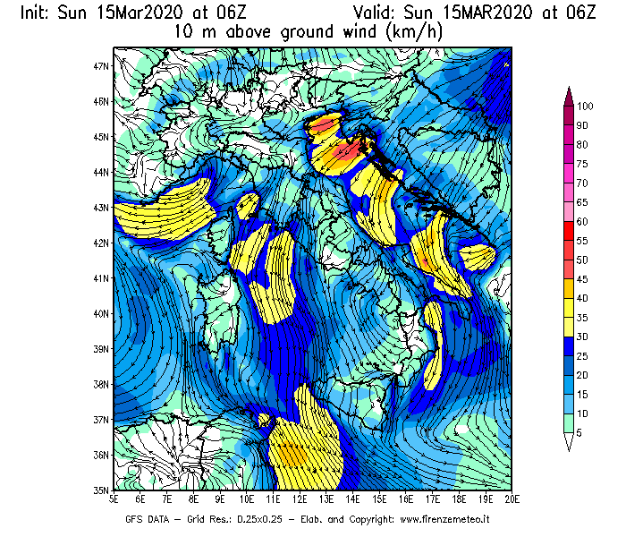 Mappa di analisi GFS - Velocità del vento a 10 metri dal suolo [km/h] in Italia
							del 15/03/2020 06 <!--googleoff: index-->UTC<!--googleon: index-->