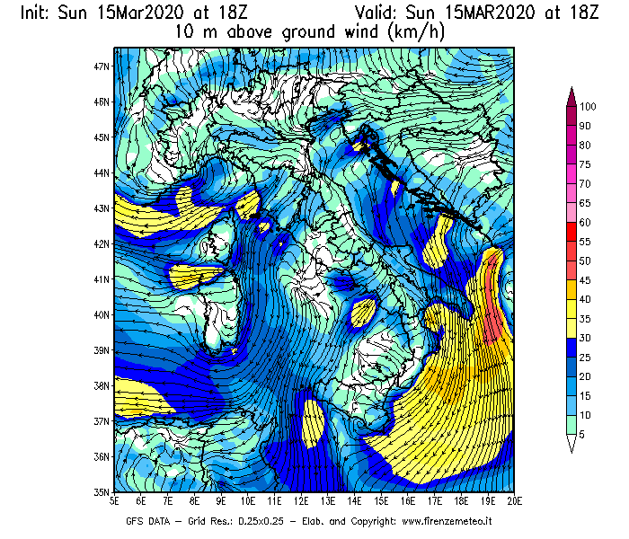 Mappa di analisi GFS - Velocità del vento a 10 metri dal suolo [km/h] in Italia
							del 15/03/2020 18 <!--googleoff: index-->UTC<!--googleon: index-->