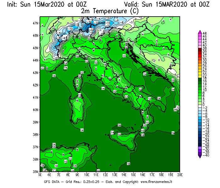 Mappa di analisi GFS - Temperatura a 2 metri dal suolo [°C] in Italia
							del 15/03/2020 00 <!--googleoff: index-->UTC<!--googleon: index-->