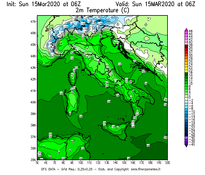 Mappa di analisi GFS - Temperatura a 2 metri dal suolo [°C] in Italia
							del 15/03/2020 06 <!--googleoff: index-->UTC<!--googleon: index-->