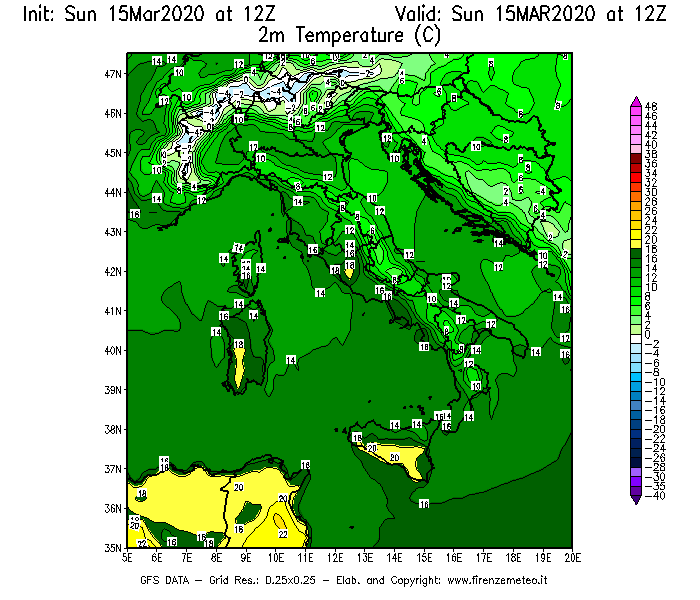 Mappa di analisi GFS - Temperatura a 2 metri dal suolo [°C] in Italia
							del 15/03/2020 12 <!--googleoff: index-->UTC<!--googleon: index-->