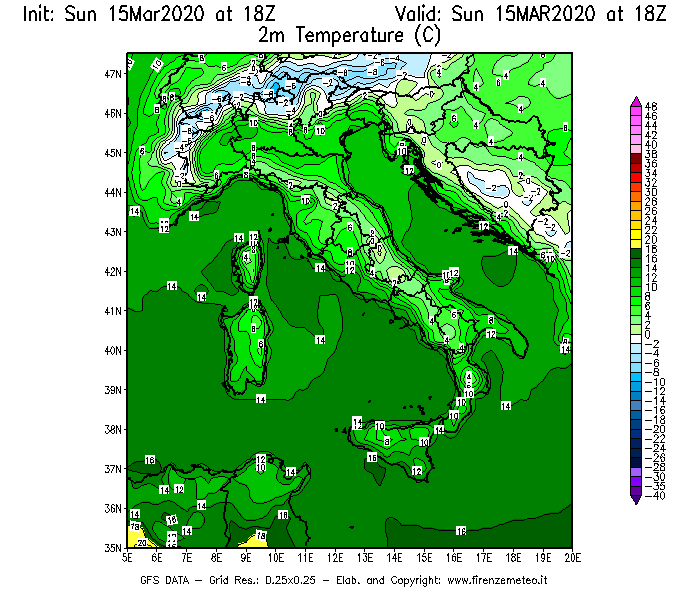 Mappa di analisi GFS - Temperatura a 2 metri dal suolo [°C] in Italia
							del 15/03/2020 18 <!--googleoff: index-->UTC<!--googleon: index-->