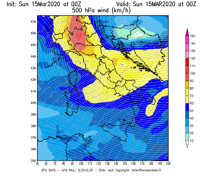Mappa di analisi GFS - Velocità del vento a 500 hPa [km/h] in Italia
							del 15/03/2020 00 <!--googleoff: index-->UTC<!--googleon: index-->