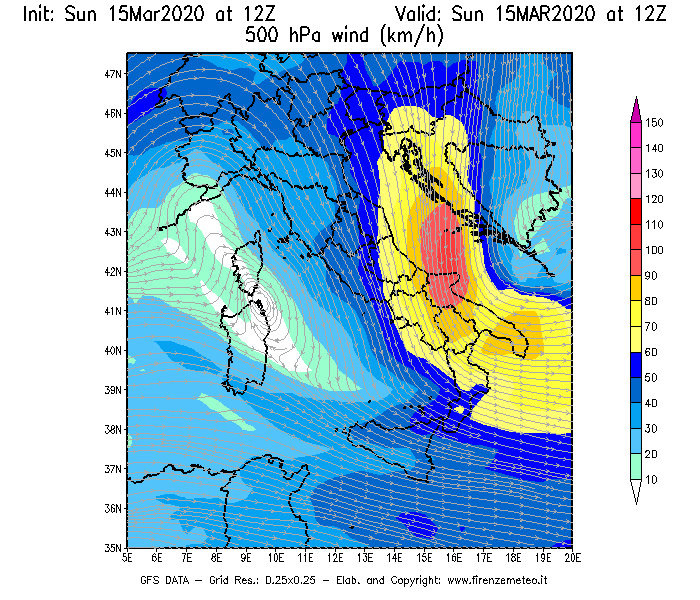 Mappa di analisi GFS - Velocità del vento a 500 hPa [km/h] in Italia
							del 15/03/2020 12 <!--googleoff: index-->UTC<!--googleon: index-->