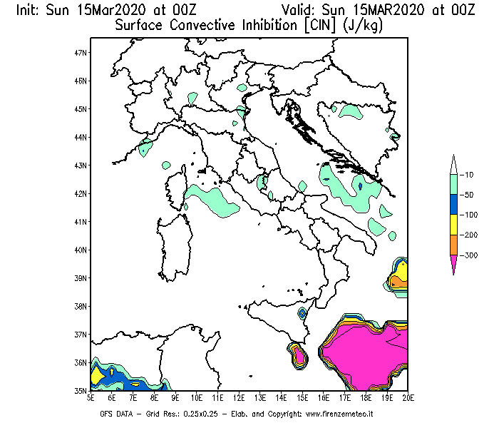 Mappa di analisi GFS - CIN [J/kg] in Italia
							del 15/03/2020 00 <!--googleoff: index-->UTC<!--googleon: index-->