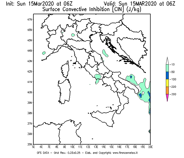 Mappa di analisi GFS - CIN [J/kg] in Italia
							del 15/03/2020 06 <!--googleoff: index-->UTC<!--googleon: index-->