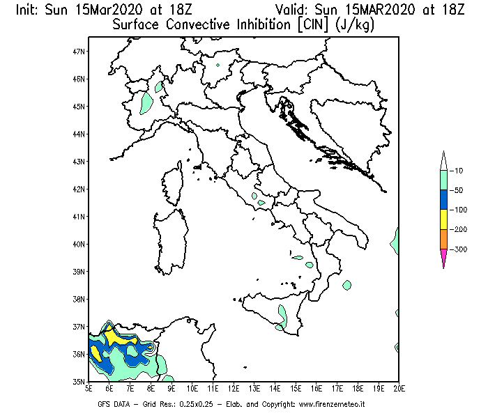 Mappa di analisi GFS - CIN [J/kg] in Italia
							del 15/03/2020 18 <!--googleoff: index-->UTC<!--googleon: index-->