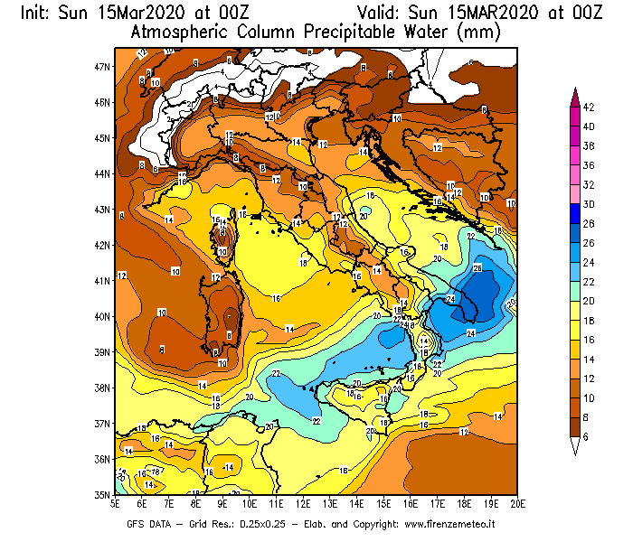Mappa di analisi GFS - Precipitable Water [mm] in Italia
							del 15/03/2020 00 <!--googleoff: index-->UTC<!--googleon: index-->