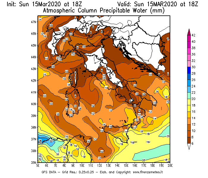 Mappa di analisi GFS - Precipitable Water [mm] in Italia
							del 15/03/2020 18 <!--googleoff: index-->UTC<!--googleon: index-->