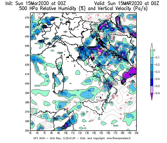 Mappa di analisi GFS - Umidità relativa [%] e Omega [Pa/s] a 500 hPa in Italia
							del 15/03/2020 00 <!--googleoff: index-->UTC<!--googleon: index-->