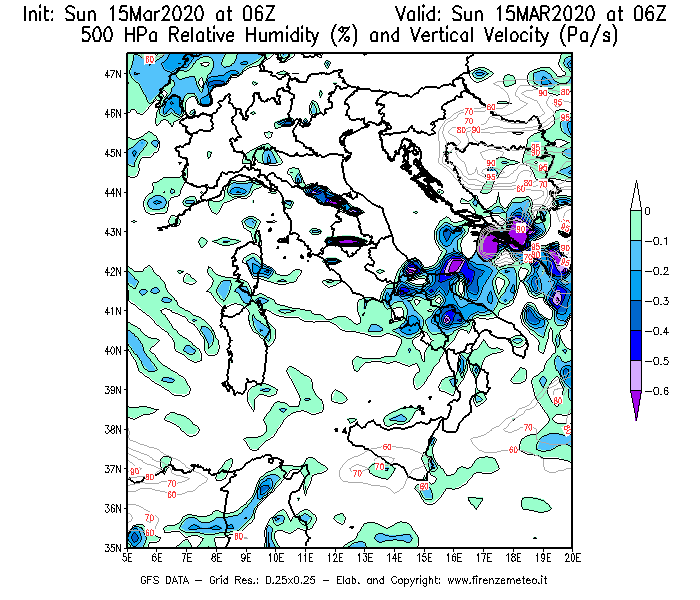 Mappa di analisi GFS - Umidità relativa [%] e Omega [Pa/s] a 500 hPa in Italia
							del 15/03/2020 06 <!--googleoff: index-->UTC<!--googleon: index-->