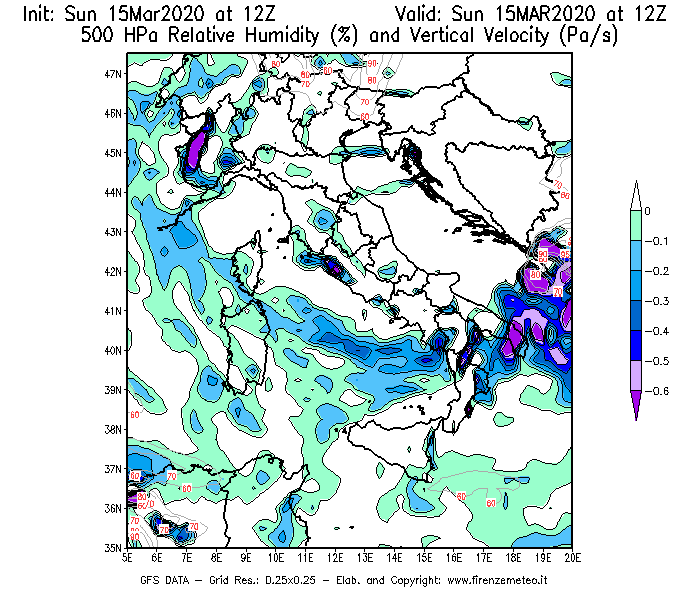 Mappa di analisi GFS - Umidità relativa [%] e Omega [Pa/s] a 500 hPa in Italia
							del 15/03/2020 12 <!--googleoff: index-->UTC<!--googleon: index-->