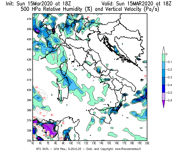 Mappa di analisi GFS - Umidità relativa [%] e Omega [Pa/s] a 500 hPa in Italia
							del 15/03/2020 18 <!--googleoff: index-->UTC<!--googleon: index-->