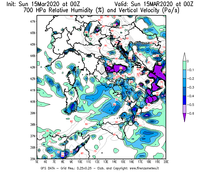 Mappa di analisi GFS - Umidità relativa [%] e Omega [Pa/s] a 700 hPa in Italia
							del 15/03/2020 00 <!--googleoff: index-->UTC<!--googleon: index-->