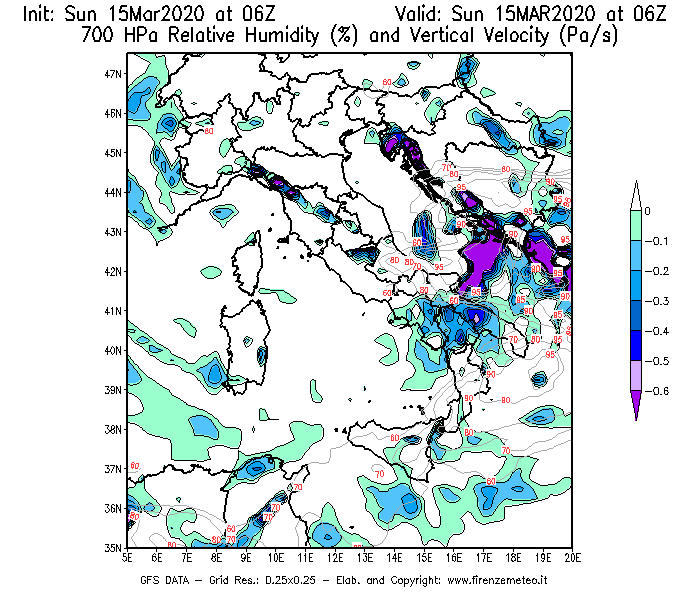 Mappa di analisi GFS - Umidità relativa [%] e Omega [Pa/s] a 700 hPa in Italia
							del 15/03/2020 06 <!--googleoff: index-->UTC<!--googleon: index-->