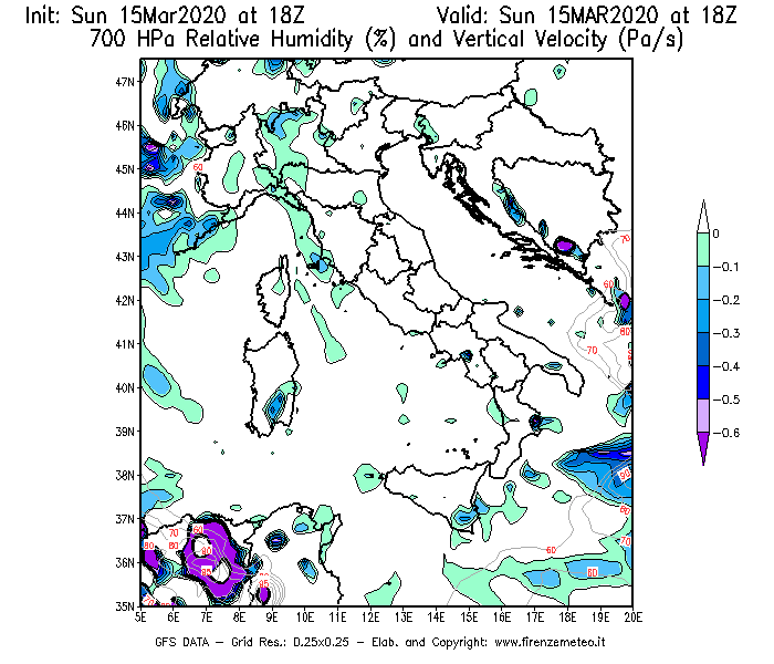Mappa di analisi GFS - Umidità relativa [%] e Omega [Pa/s] a 700 hPa in Italia
							del 15/03/2020 18 <!--googleoff: index-->UTC<!--googleon: index-->