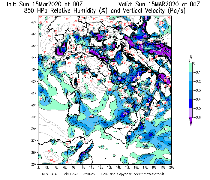 Mappa di analisi GFS - Umidità relativa [%] e Omega [Pa/s] a 850 hPa in Italia
							del 15/03/2020 00 <!--googleoff: index-->UTC<!--googleon: index-->