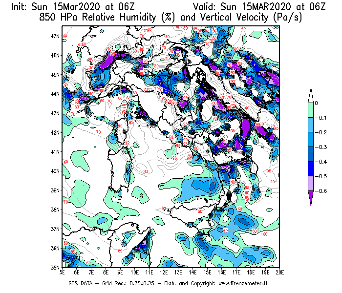 Mappa di analisi GFS - Umidità relativa [%] e Omega [Pa/s] a 850 hPa in Italia
							del 15/03/2020 06 <!--googleoff: index-->UTC<!--googleon: index-->