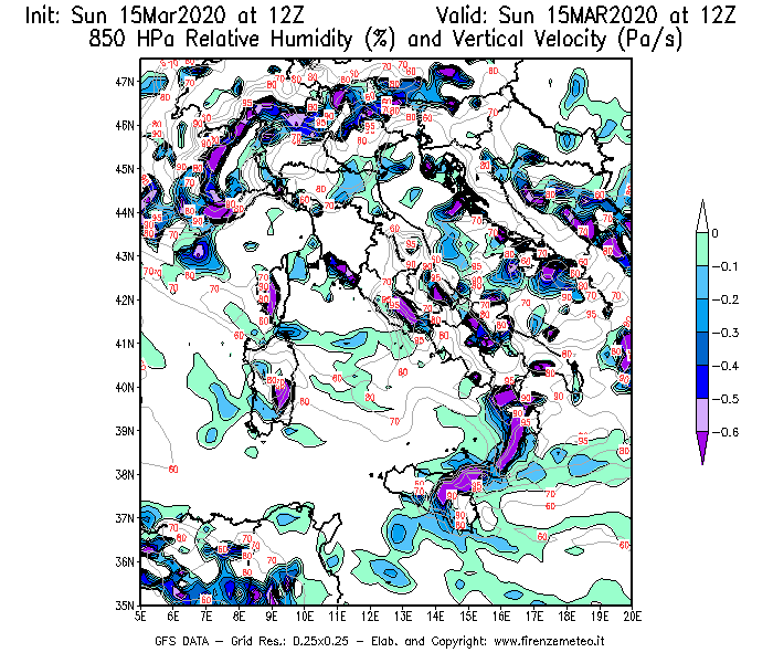 Mappa di analisi GFS - Umidità relativa [%] e Omega [Pa/s] a 850 hPa in Italia
							del 15/03/2020 12 <!--googleoff: index-->UTC<!--googleon: index-->
