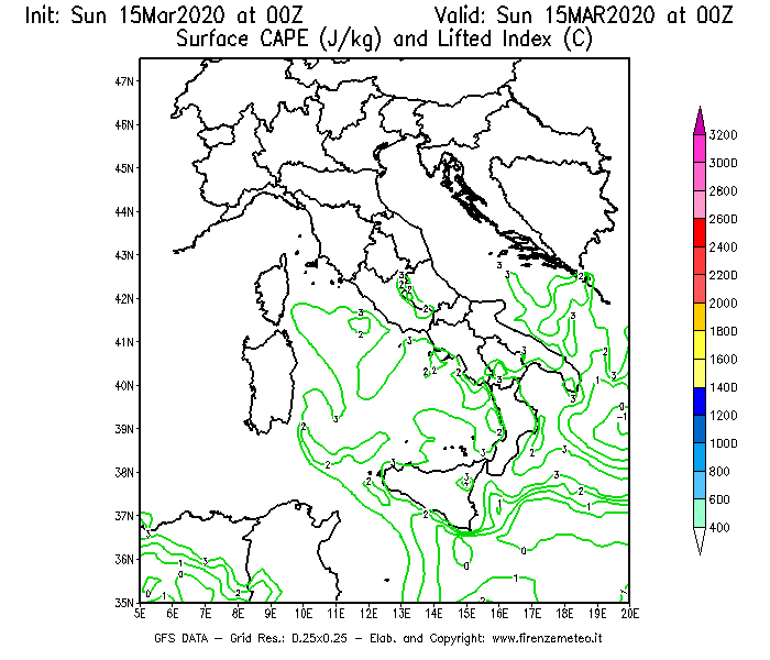Mappa di analisi GFS - CAPE [J/kg] e Lifted Index [°C] in Italia
							del 15/03/2020 00 <!--googleoff: index-->UTC<!--googleon: index-->