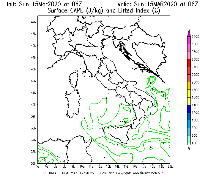 Mappa di analisi GFS - CAPE [J/kg] e Lifted Index [°C] in Italia
							del 15/03/2020 06 <!--googleoff: index-->UTC<!--googleon: index-->