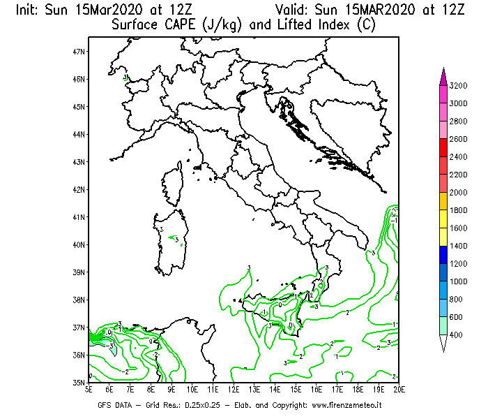 Mappa di analisi GFS - CAPE [J/kg] e Lifted Index [°C] in Italia
							del 15/03/2020 12 <!--googleoff: index-->UTC<!--googleon: index-->