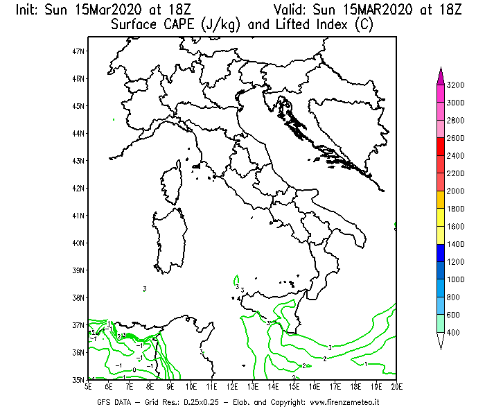 Mappa di analisi GFS - CAPE [J/kg] e Lifted Index [°C] in Italia
							del 15/03/2020 18 <!--googleoff: index-->UTC<!--googleon: index-->