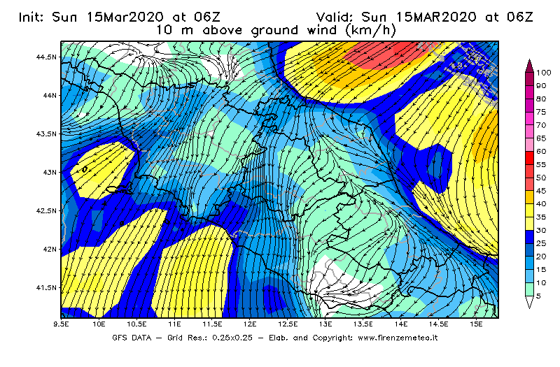 Mappa di analisi GFS - Velocità del vento a 10 metri dal suolo [km/h] in Centro-Italia
							del 15/03/2020 06 <!--googleoff: index-->UTC<!--googleon: index-->