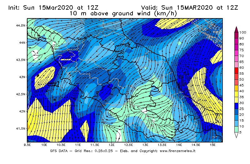 Mappa di analisi GFS - Velocità del vento a 10 metri dal suolo [km/h] in Centro-Italia
							del 15/03/2020 12 <!--googleoff: index-->UTC<!--googleon: index-->