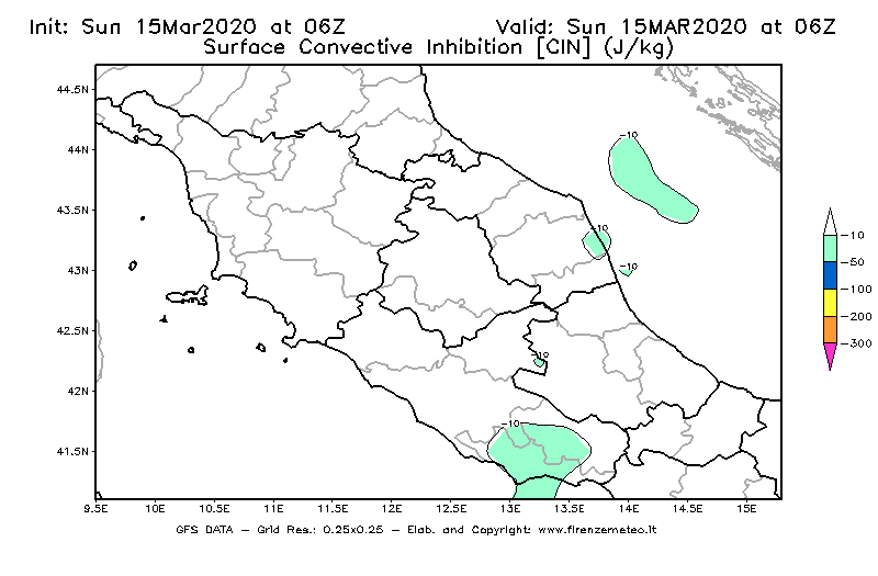 Mappa di analisi GFS - CIN [J/kg] in Centro-Italia
							del 15/03/2020 06 <!--googleoff: index-->UTC<!--googleon: index-->