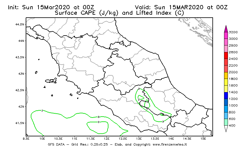 Mappa di analisi GFS - CAPE [J/kg] e Lifted Index [°C] in Centro-Italia
							del 15/03/2020 00 <!--googleoff: index-->UTC<!--googleon: index-->