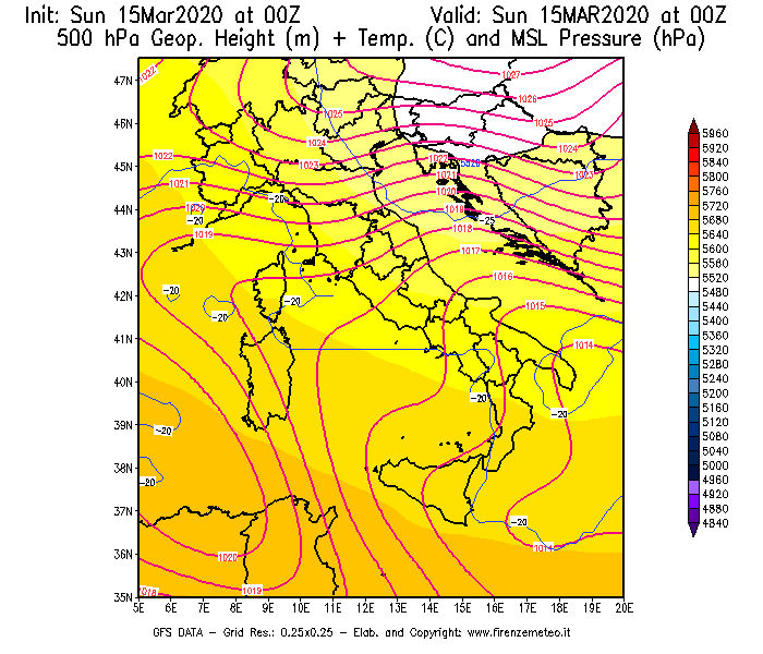Mappa di analisi GFS - Geopotenziale [m] + Temp. [°C] a 500 hPa + Press. a livello del mare [hPa] in Italia
							del 15/03/2020 00 <!--googleoff: index-->UTC<!--googleon: index-->