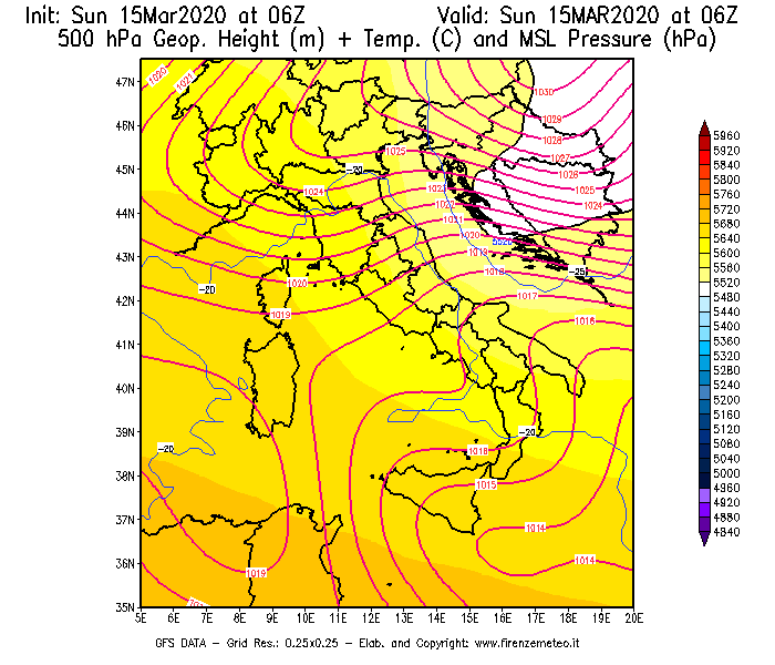 Mappa di analisi GFS - Geopotenziale [m] + Temp. [°C] a 500 hPa + Press. a livello del mare [hPa] in Italia
							del 15/03/2020 06 <!--googleoff: index-->UTC<!--googleon: index-->