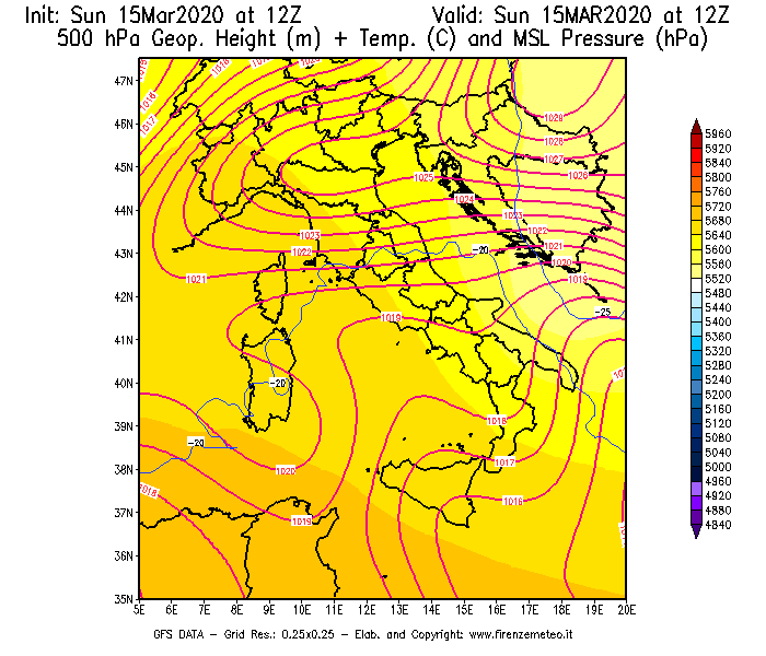 Mappa di analisi GFS - Geopotenziale [m] + Temp. [°C] a 500 hPa + Press. a livello del mare [hPa] in Italia
							del 15/03/2020 12 <!--googleoff: index-->UTC<!--googleon: index-->