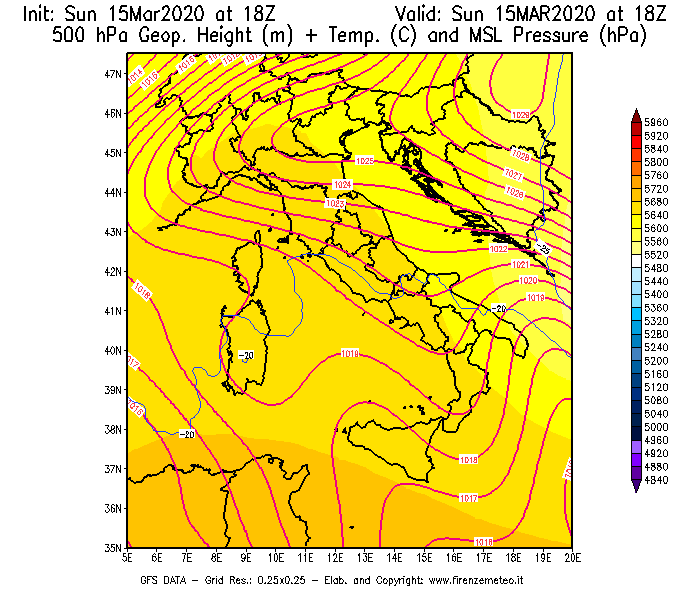 Mappa di analisi GFS - Geopotenziale [m] + Temp. [°C] a 500 hPa + Press. a livello del mare [hPa] in Italia
							del 15/03/2020 18 <!--googleoff: index-->UTC<!--googleon: index-->