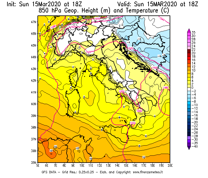 Mappa di analisi GFS - Geopotenziale [m] e Temperatura [°C] a 850 hPa in Italia
							del 15/03/2020 18 <!--googleoff: index-->UTC<!--googleon: index-->