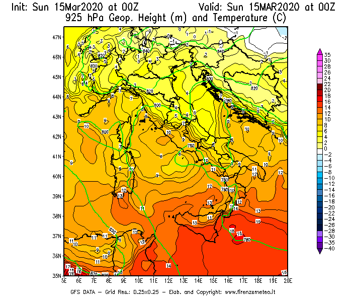 Mappa di analisi GFS - Geopotenziale [m] e Temperatura [°C] a 925 hPa in Italia
							del 15/03/2020 00 <!--googleoff: index-->UTC<!--googleon: index-->