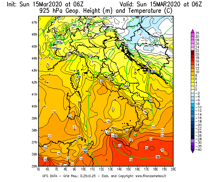 Mappa di analisi GFS - Geopotenziale [m] e Temperatura [°C] a 925 hPa in Italia
							del 15/03/2020 06 <!--googleoff: index-->UTC<!--googleon: index-->