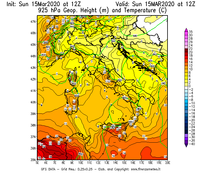 Mappa di analisi GFS - Geopotenziale [m] e Temperatura [°C] a 925 hPa in Italia
							del 15/03/2020 12 <!--googleoff: index-->UTC<!--googleon: index-->