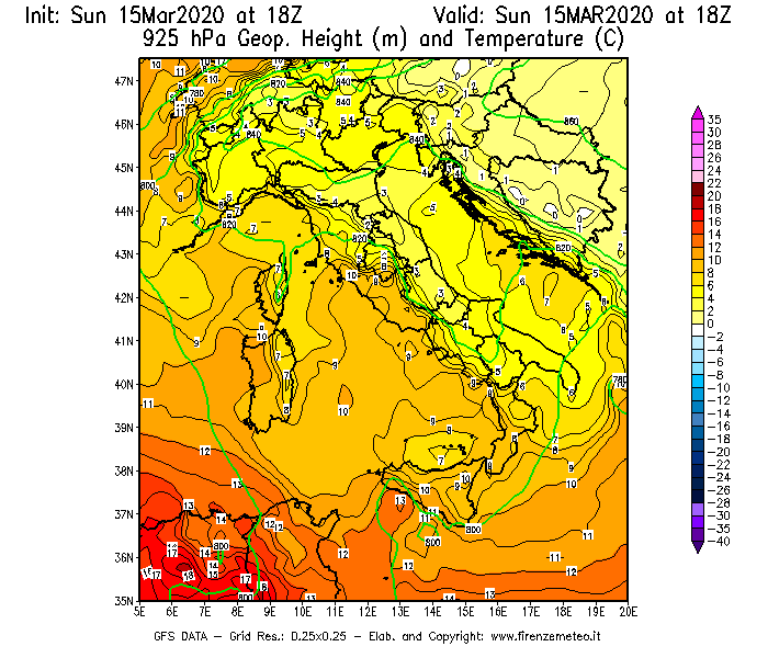 Mappa di analisi GFS - Geopotenziale [m] e Temperatura [°C] a 925 hPa in Italia
							del 15/03/2020 18 <!--googleoff: index-->UTC<!--googleon: index-->