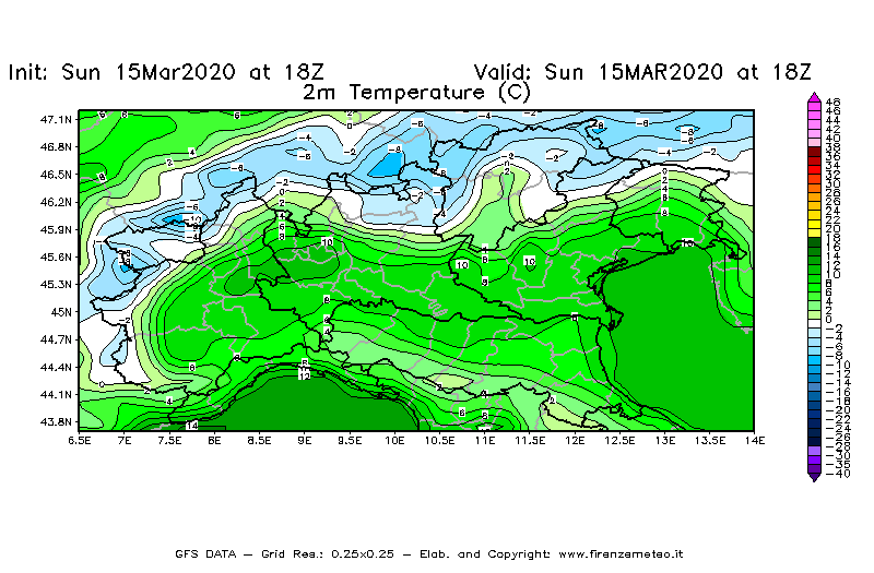 Mappa di analisi GFS - Temperatura a 2 metri dal suolo [°C] in Nord-Italia
							del 15/03/2020 18 <!--googleoff: index-->UTC<!--googleon: index-->