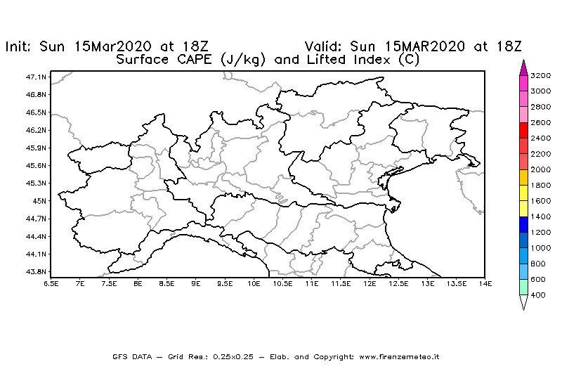 Mappa di analisi GFS - CAPE [J/kg] e Lifted Index [°C] in Nord-Italia
							del 15/03/2020 18 <!--googleoff: index-->UTC<!--googleon: index-->