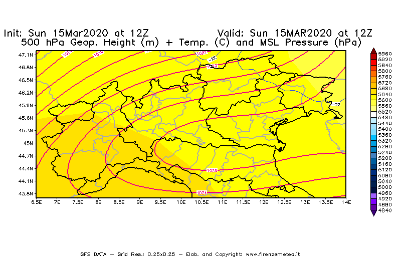 Mappa di analisi GFS - Geopotenziale [m] + Temp. [°C] a 500 hPa + Press. a livello del mare [hPa] in Nord-Italia
							del 15/03/2020 12 <!--googleoff: index-->UTC<!--googleon: index-->