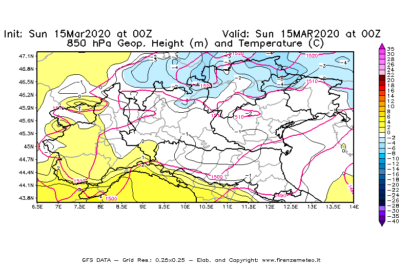 Mappa di analisi GFS - Geopotenziale [m] e Temperatura [°C] a 850 hPa in Nord-Italia
							del 15/03/2020 00 <!--googleoff: index-->UTC<!--googleon: index-->