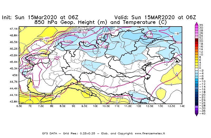 Mappa di analisi GFS - Geopotenziale [m] e Temperatura [°C] a 850 hPa in Nord-Italia
							del 15/03/2020 06 <!--googleoff: index-->UTC<!--googleon: index-->