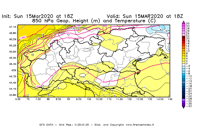 Mappa di analisi GFS - Geopotenziale [m] e Temperatura [°C] a 850 hPa in Nord-Italia
							del 15/03/2020 18 <!--googleoff: index-->UTC<!--googleon: index-->